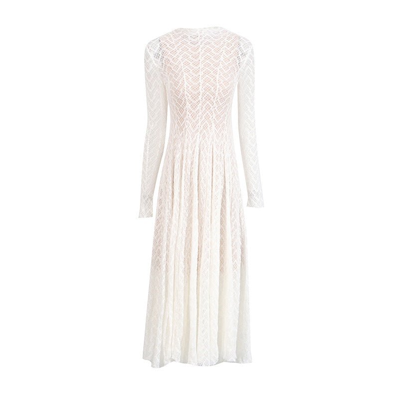 Allover geometric lace modest dress with elegant high neckline