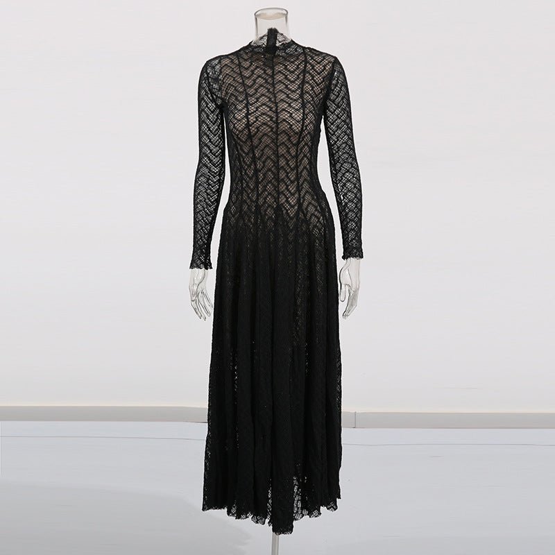 Fitted lace evening dress in black with geometric pattern detail