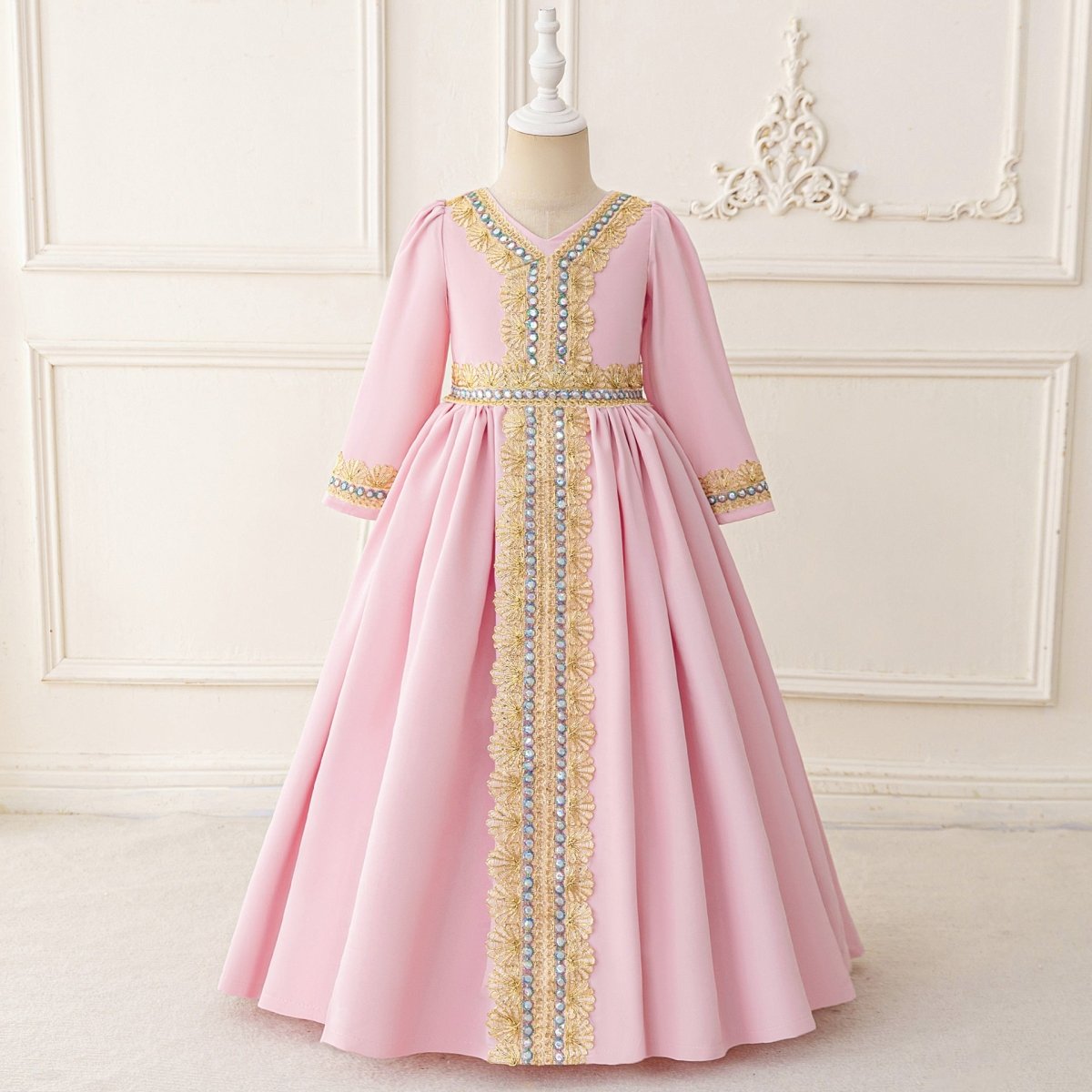 Girls Embroidered Kaftan Dress with Jeweled Belt(MKG021) - Mariam's Collection