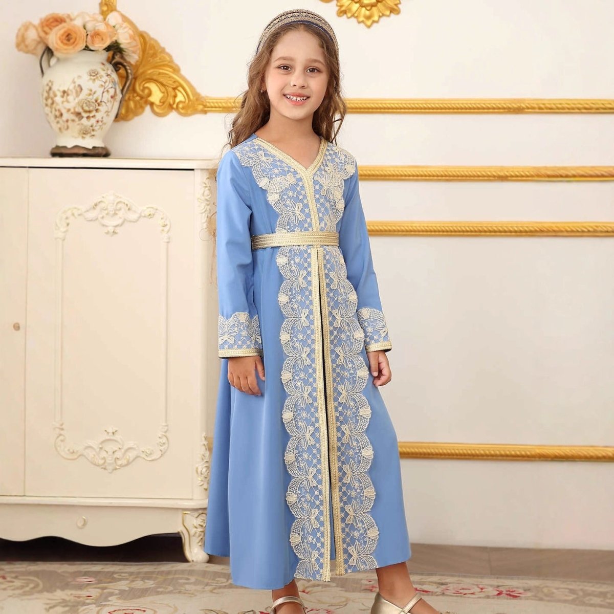 Girls Lace Trim Kaftan Dress | Elegant Kids Formal Abaya(MKG018) - Mariam's Collection