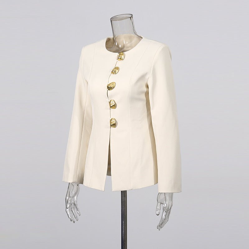 Modest two-piece blazer set with gold button hardware detail