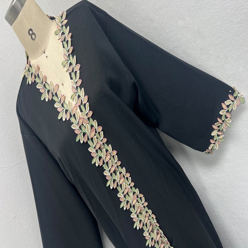 Gold floral embroidered abaya in black with metallic gold trim and sash belt