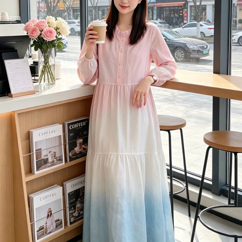 Ruffle-edged neckline and button front placket close-up on gradient dress