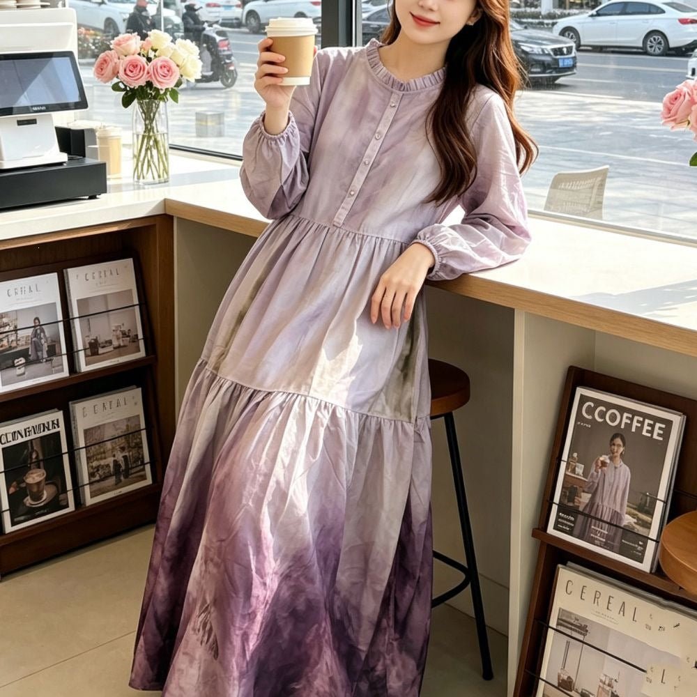 Five colourway options of hand-dyed gradient tie-dye maxi dress laid flat
