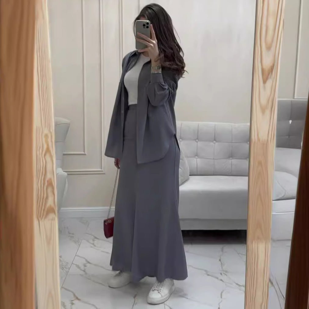 Grey Loose Long Sleeve Shirt & Elastic Waist Fish Tail Skirt Outfit Casual Two - Piece Set.(MA207) - Mariam's Collection