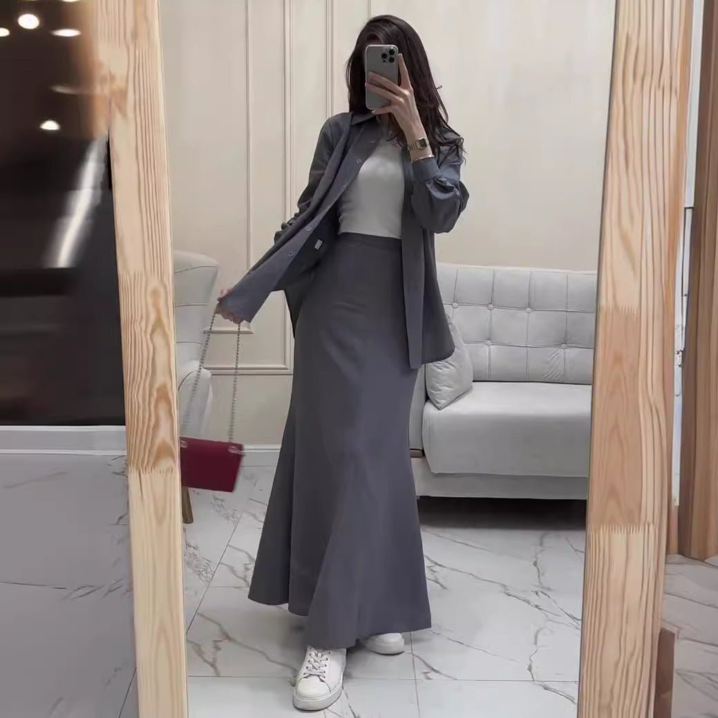 Grey Loose Long Sleeve Shirt & Elastic Waist Fish Tail Skirt Outfit Casual Two - Piece Set.(MA207) - Mariam's Collection