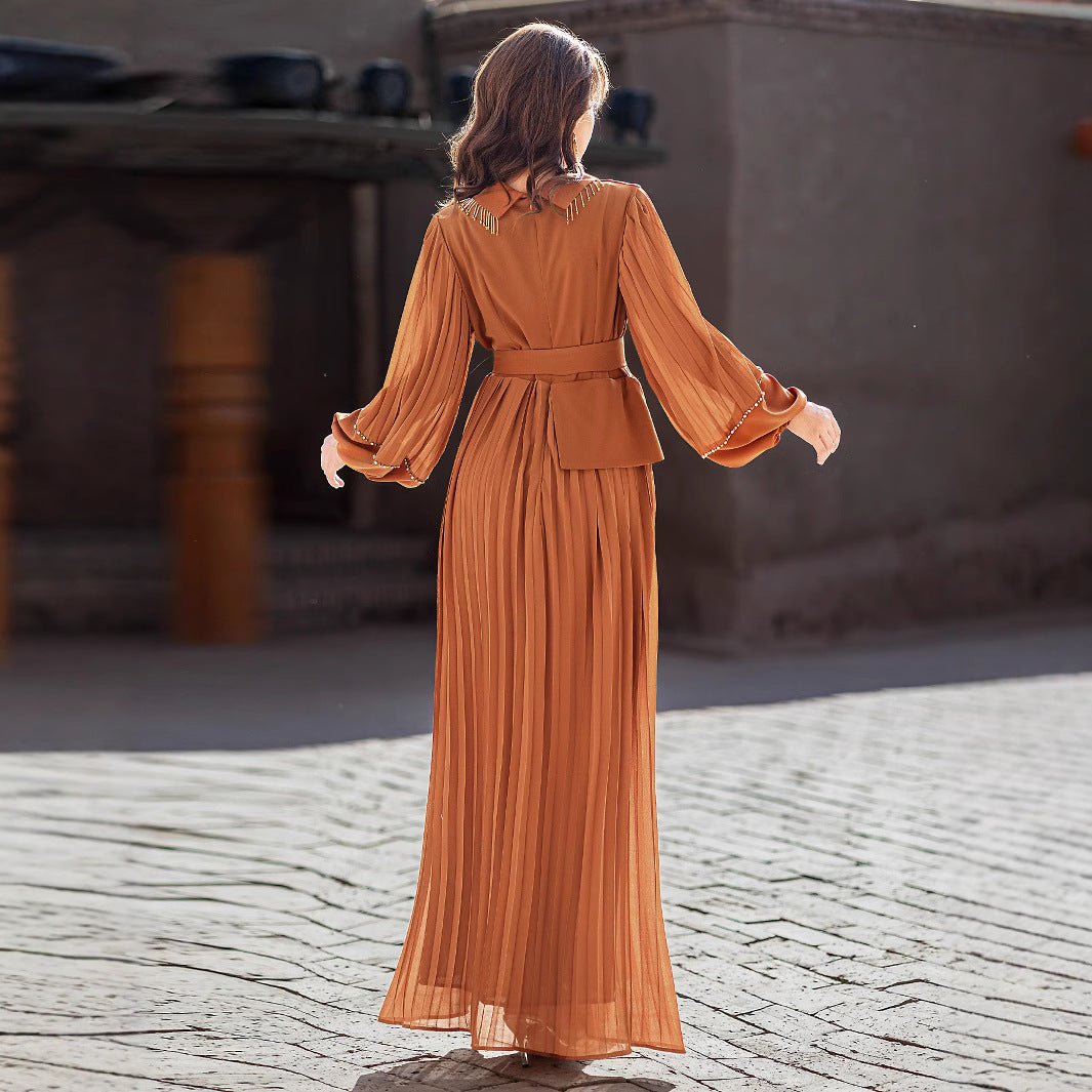 Hand - Beaded V - Neck Pleated Maxi Dress | Bubble Sleeve Crystal Embellished Gown(MS212) - Mariam's Collection