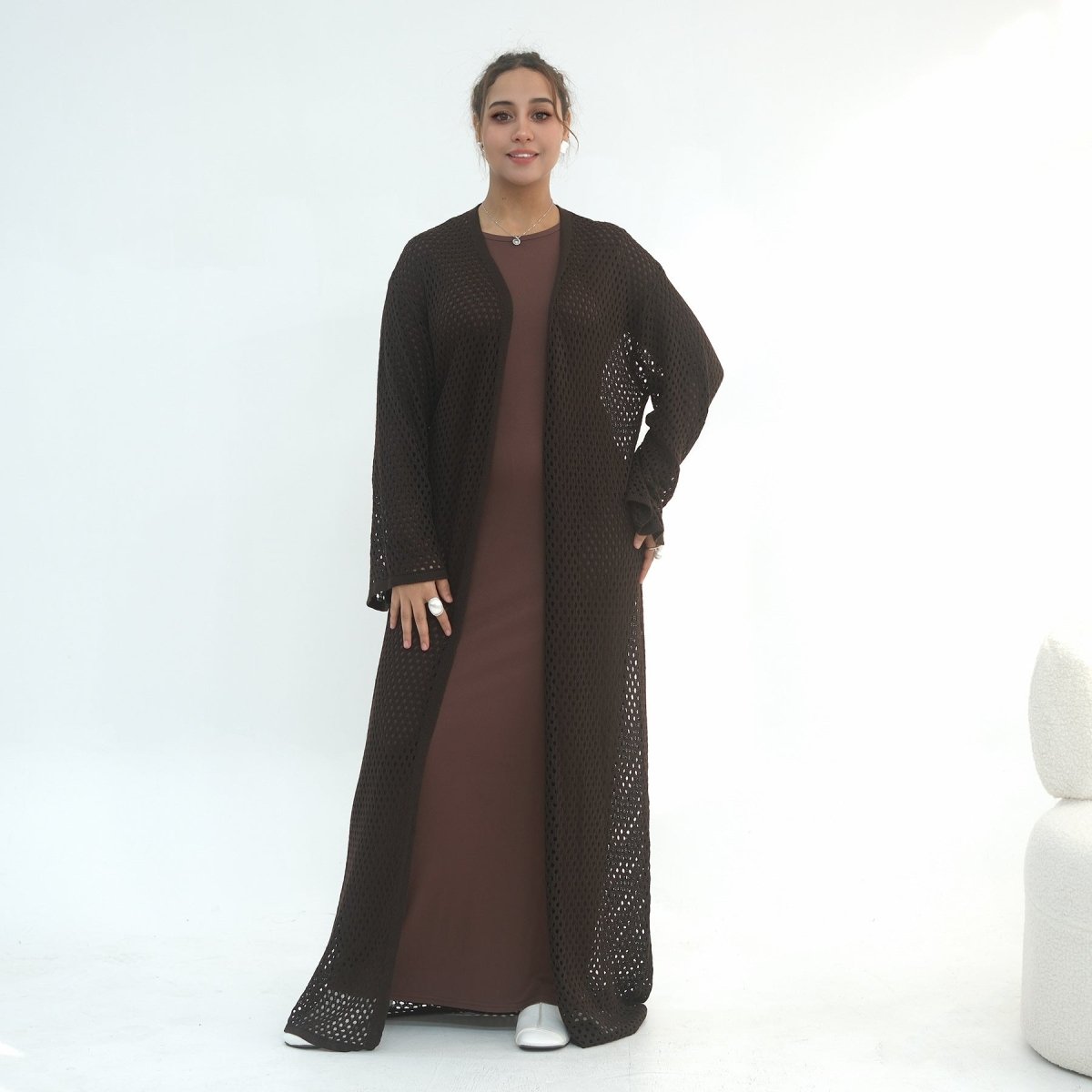 Hollow-Out Knit Open Abaya Cardigan with Waist Belt(MOA315) - Mariam's Collection