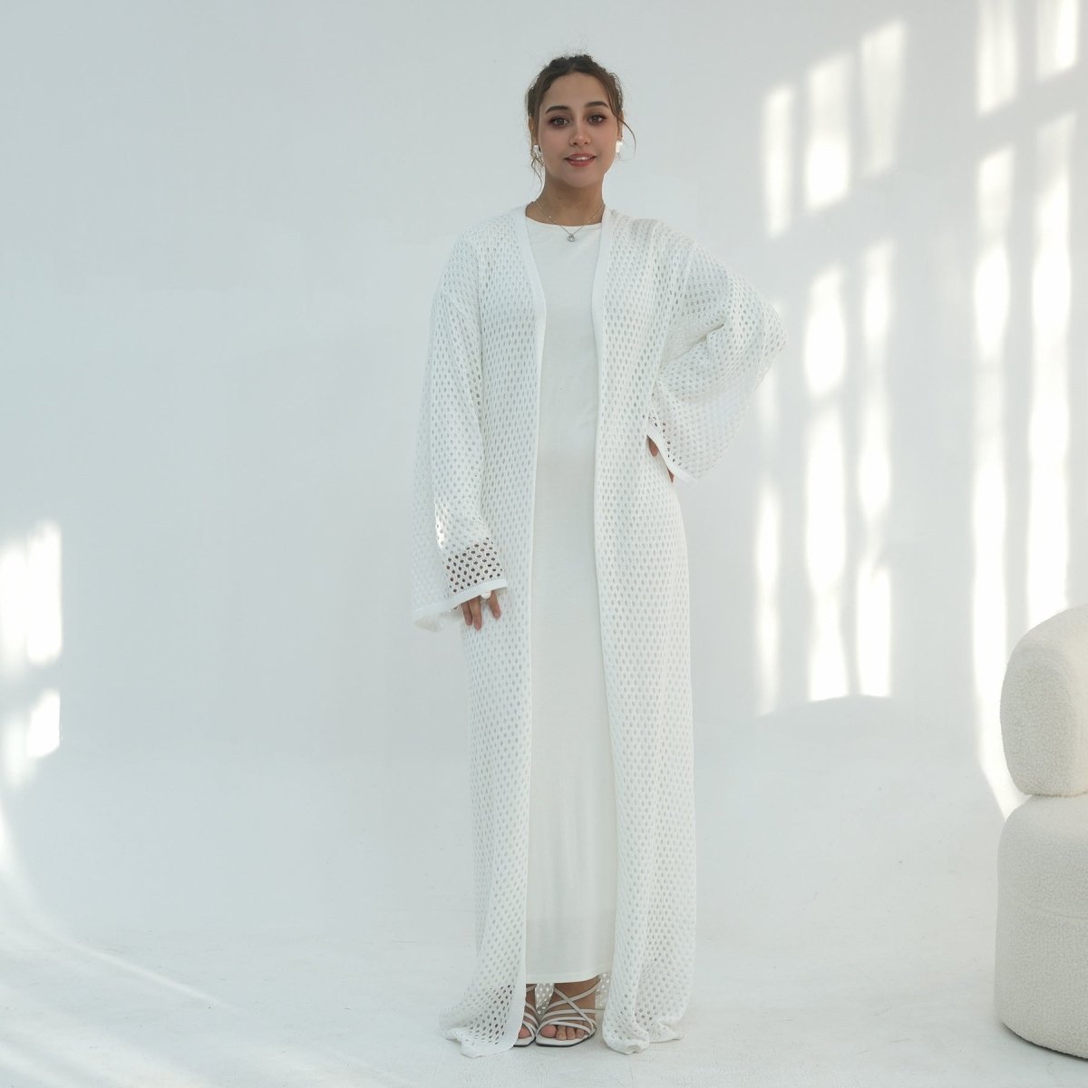 Hollow-Out Knit Open Abaya Cardigan with Waist Belt(MOA315) - Mariam's Collection