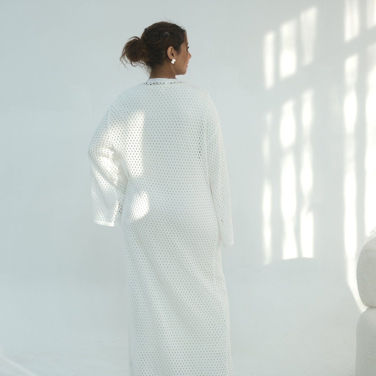 Hollow-Out Knit Open Abaya Cardigan with Waist Belt(MOA315) - Mariam's Collection