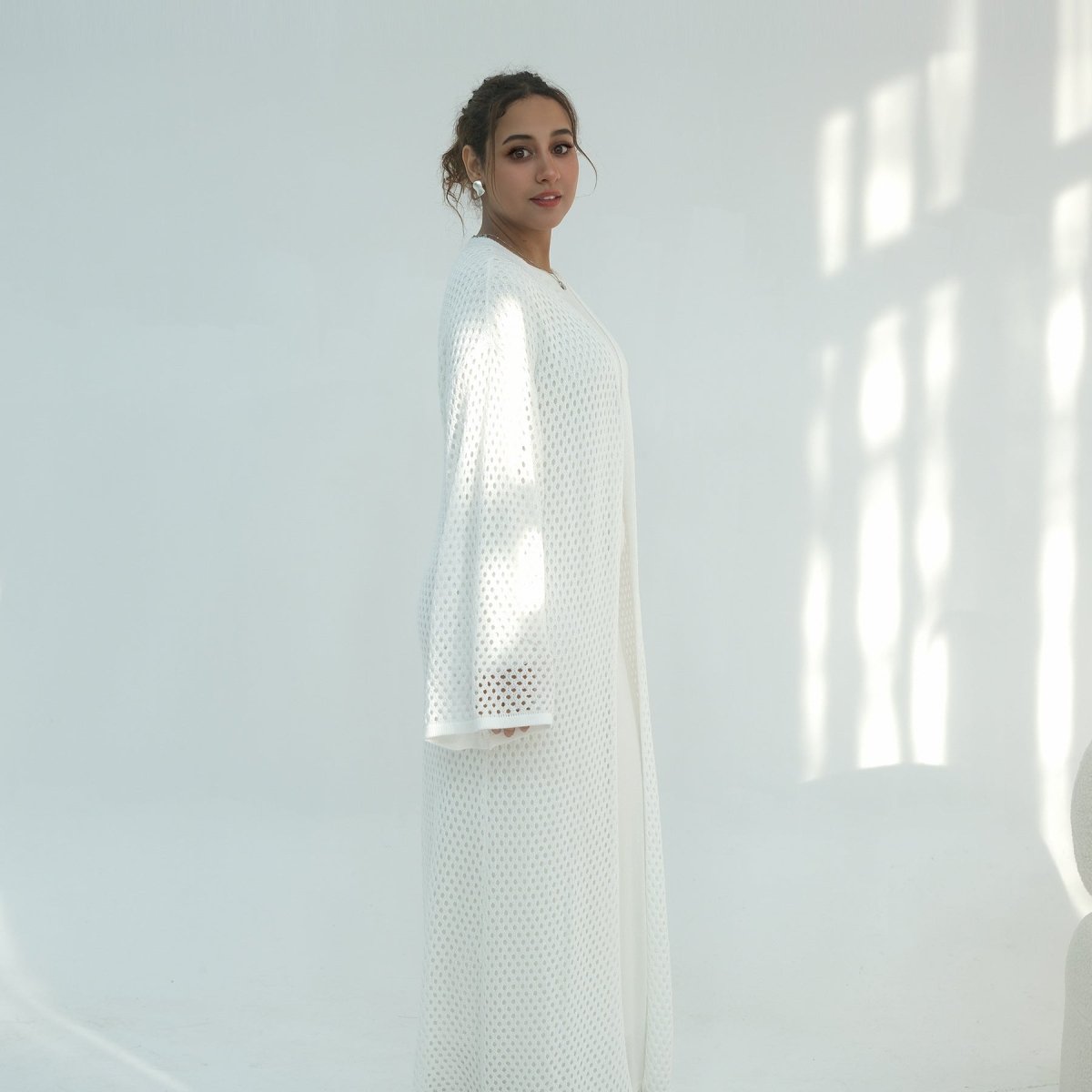Hollow-Out Knit Open Abaya Cardigan with Waist Belt(MOA315) - Mariam's Collection