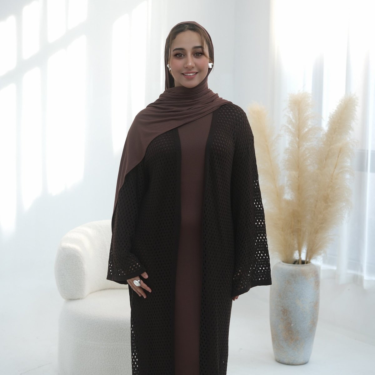 Hollow-Out Knit Open Abaya Cardigan with Waist Belt(MOA315) - Mariam's Collection