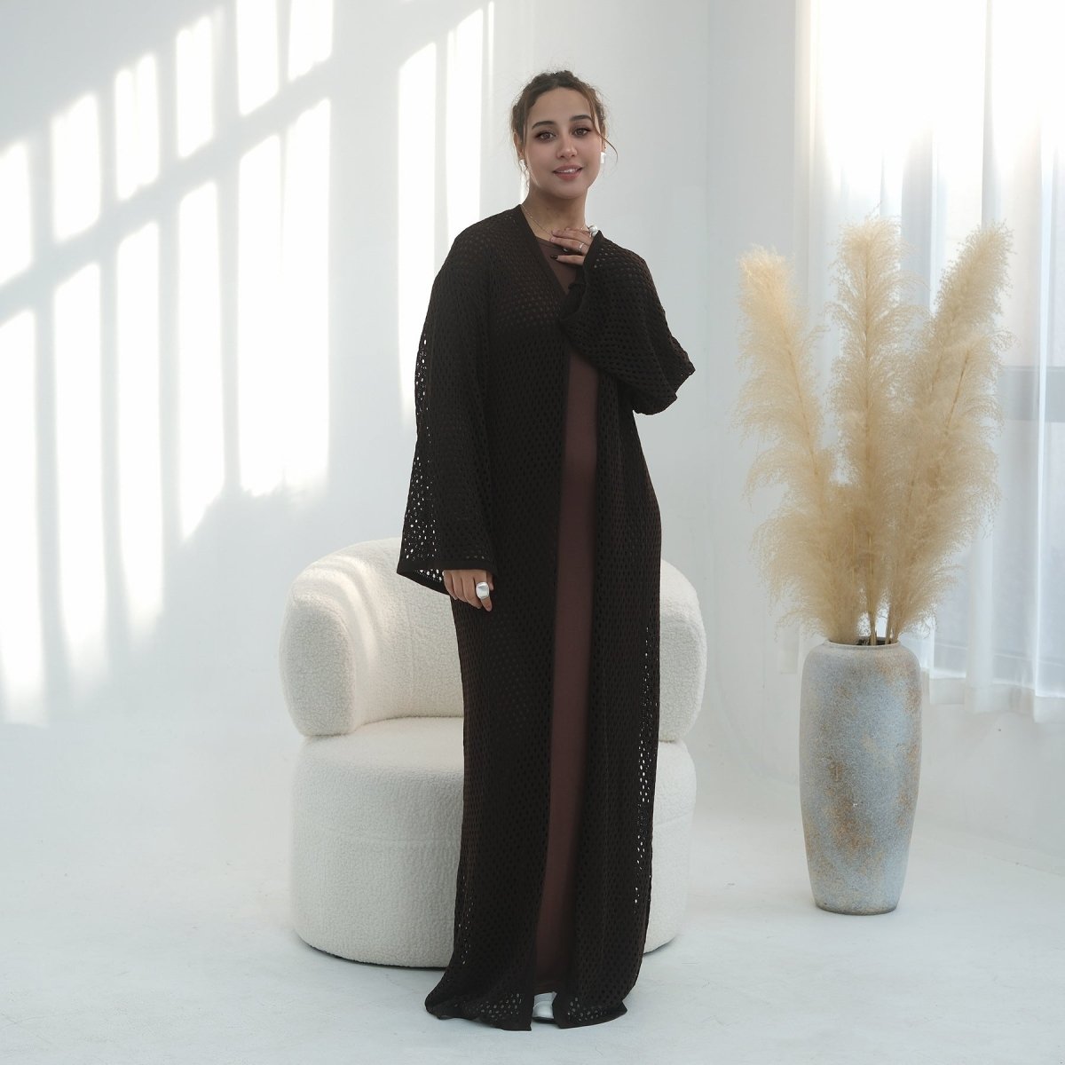 Hollow-Out Knit Open Abaya Cardigan with Waist Belt(MOA315) - Mariam's Collection