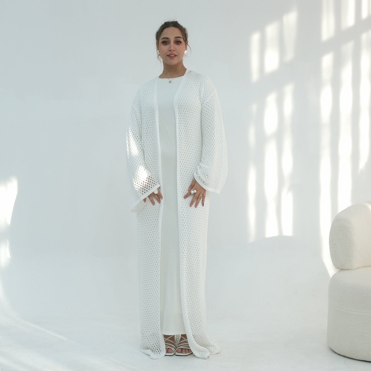 Hollow-Out Knit Open Abaya Cardigan with Waist Belt(MOA315) - Mariam's Collection