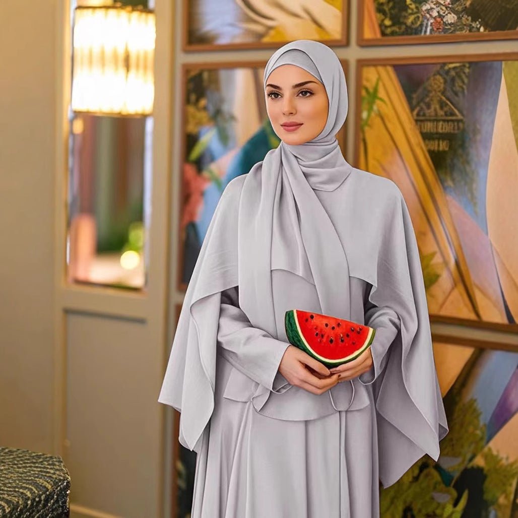 Ice Silk Crinkle Cape Set | 3 - Piece Solid Color Abaya with Inner Dress & Belt(MA304) - Mariam's Collection