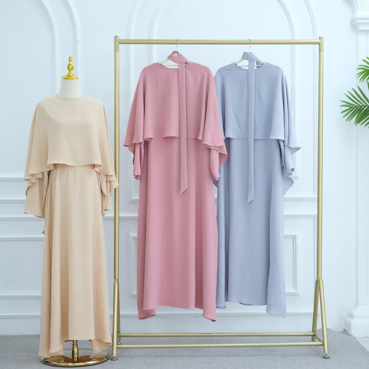 Ice Silk Crinkle Cape Set | 3 - Piece Solid Color Abaya with Inner Dress & Belt(MA304) - Mariam's Collection