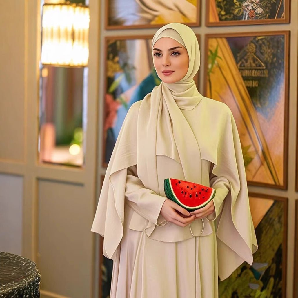 Ice Silk Crinkle Cape Set | 3 - Piece Solid Color Abaya with Inner Dress & Belt(MA304) - Mariam's Collection