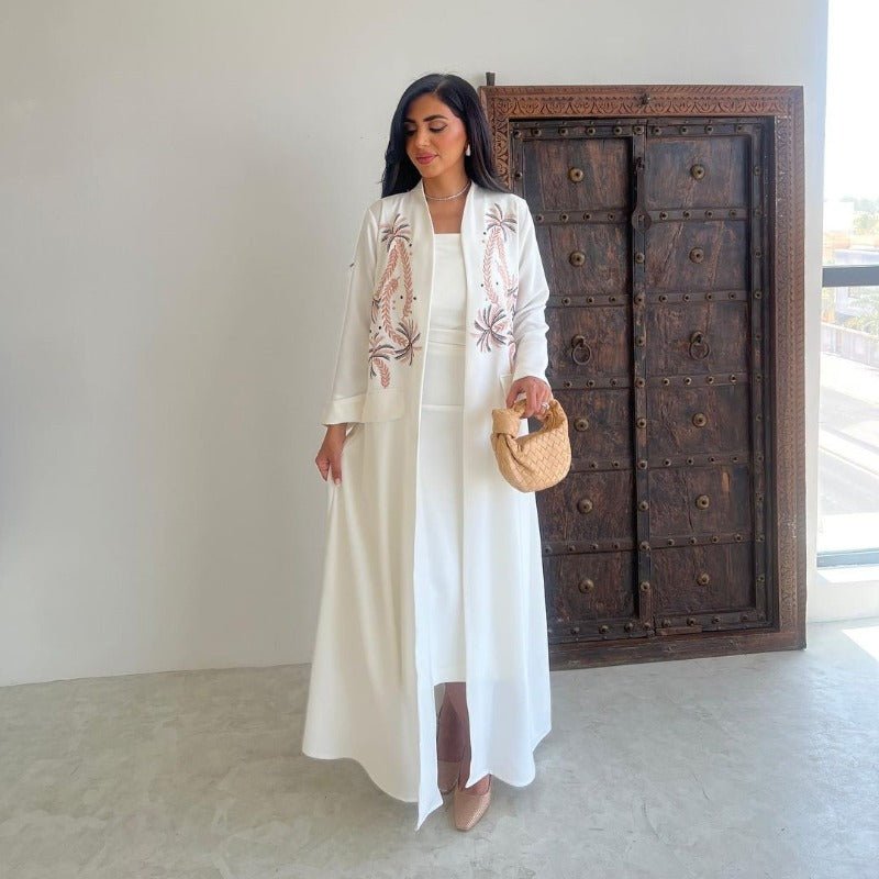 Ice Silk Crinkle Fabric Embroidered V - Neck Abaya(MOA234) - Mariam's Collection