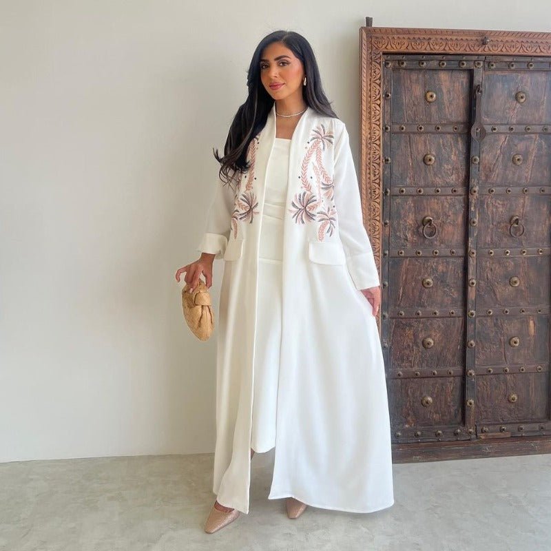 Ice Silk Crinkle Fabric Embroidered V - Neck Abaya(MOA234) - Mariam's Collection