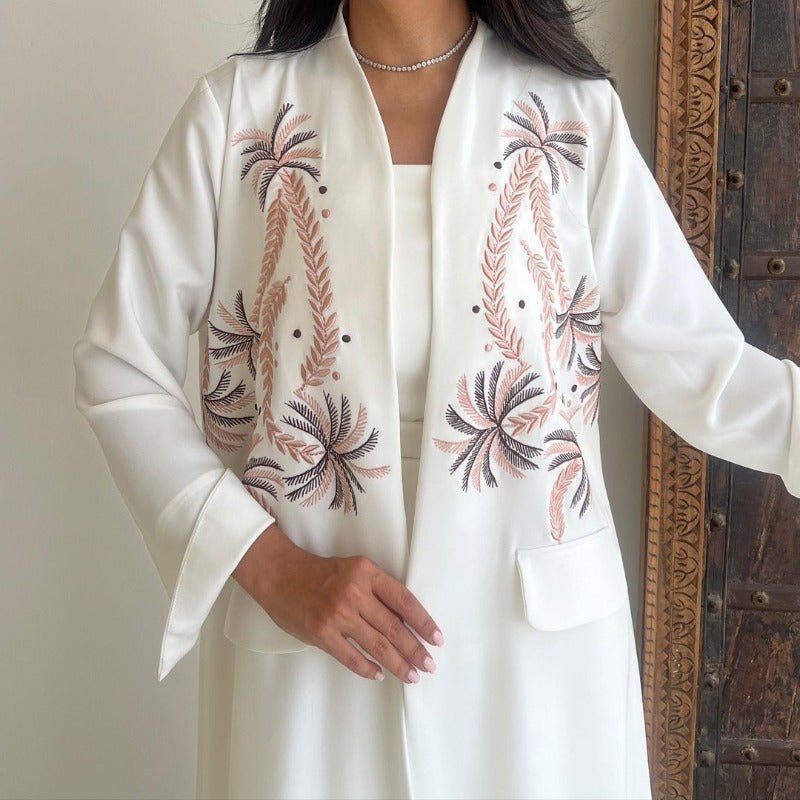 Ice Silk Crinkle Fabric Embroidered V - Neck Abaya(MOA234) - Mariam's Collection