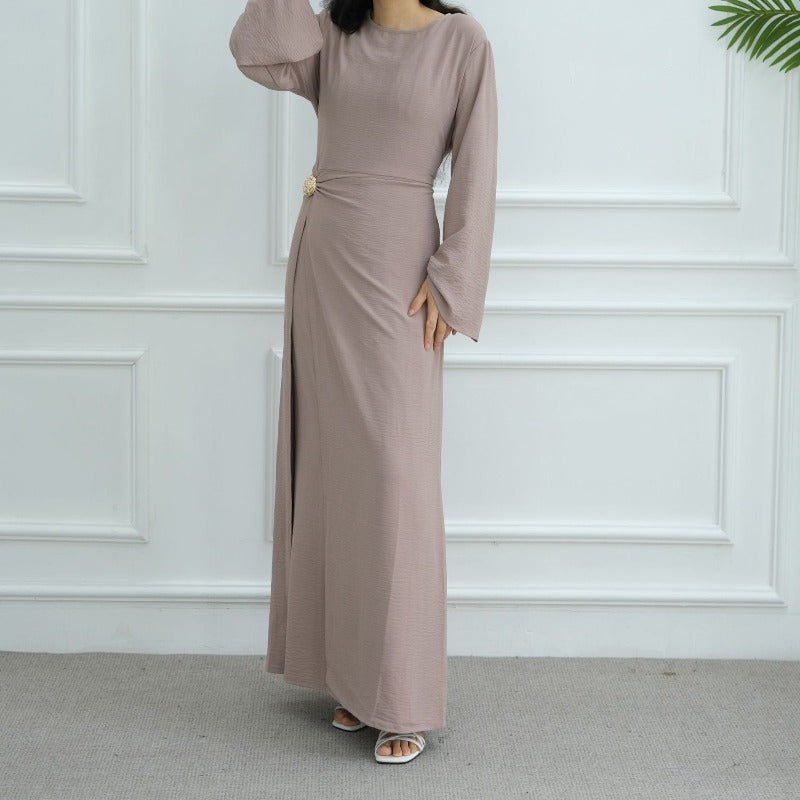 Ice Silk Crinkle Round Neck A - Line Work Dress with Decorative Button & Built - in Belt(MA308) - Mariam's Collection