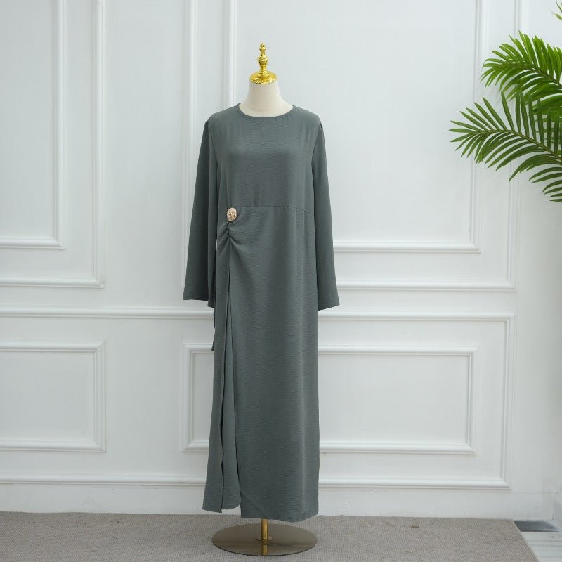 Ice Silk Crinkle Round Neck A - Line Work Dress with Decorative Button & Built - in Belt(MA308) - Mariam's Collection