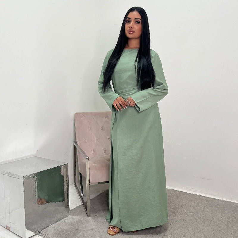 Ice Silk Crinkle Round Neck A - Line Work Dress with Decorative Button & Built - in Belt(MA308) - Mariam's Collection