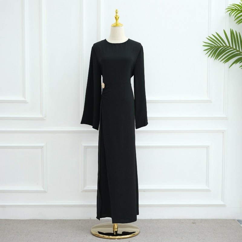 Ice Silk Crinkle Round Neck A - Line Work Dress with Decorative Button & Built - in Belt(MA308) - Mariam's Collection
