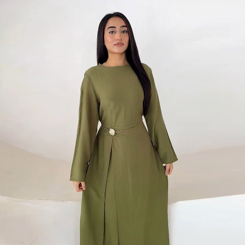 Ice Silk Crinkle Round Neck A - Line Work Dress with Decorative Button & Built - in Belt(MA308) - Mariam's Collection