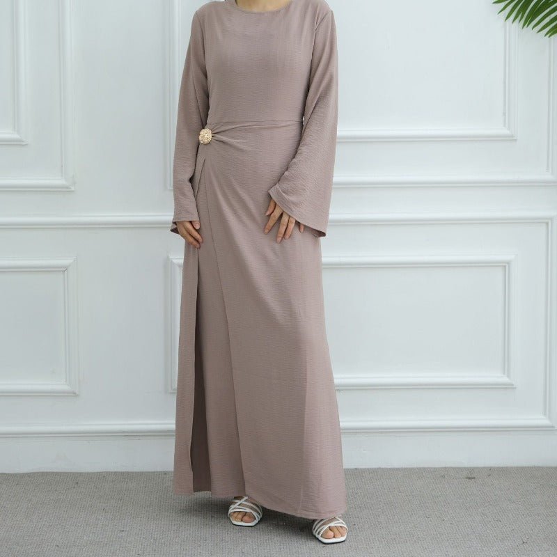 Ice Silk Crinkle Round Neck A - Line Work Dress with Decorative Button & Built - in Belt(MA308) - Mariam's Collection