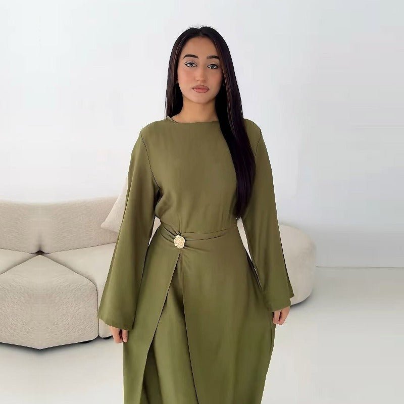 Ice Silk Crinkle Round Neck A - Line Work Dress with Decorative Button & Built - in Belt(MA308) - Mariam's Collection