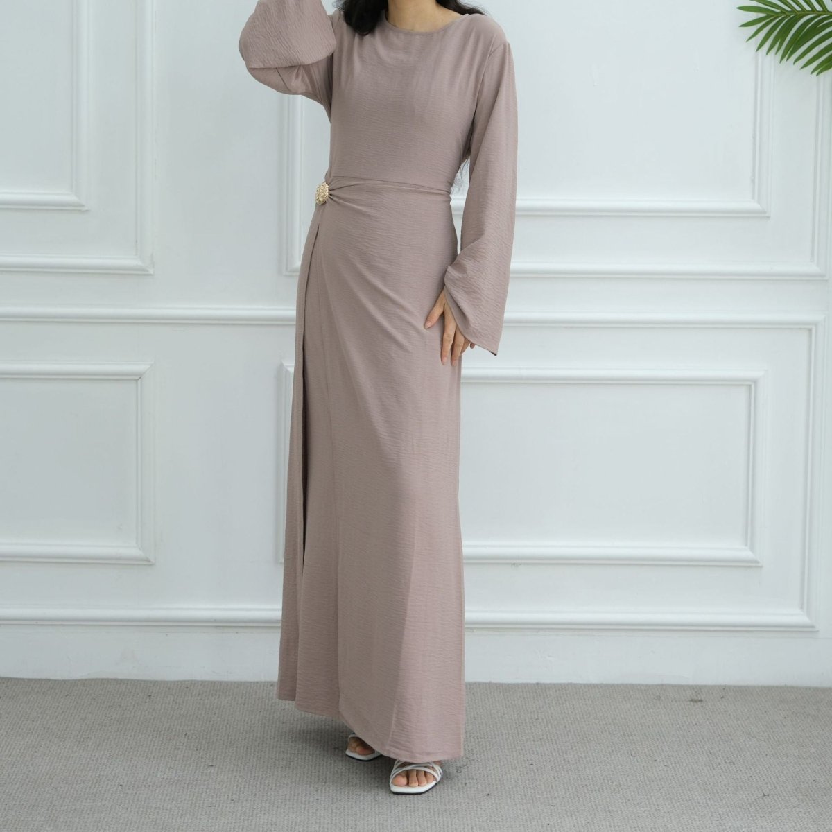 Ice Silk Crinkle Round Neck A - Line Work Dress with Decorative Button & Built - in Belt(MA308) - Mariam's Collection