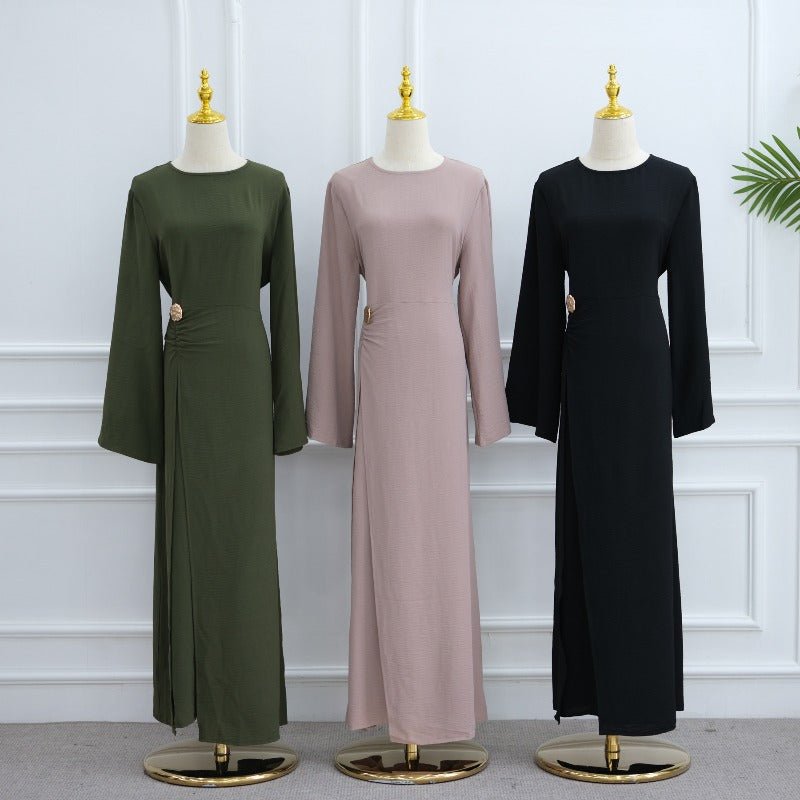 Ice Silk Crinkle Round Neck A - Line Work Dress with Decorative Button & Built - in Belt(MA308) - Mariam's Collection