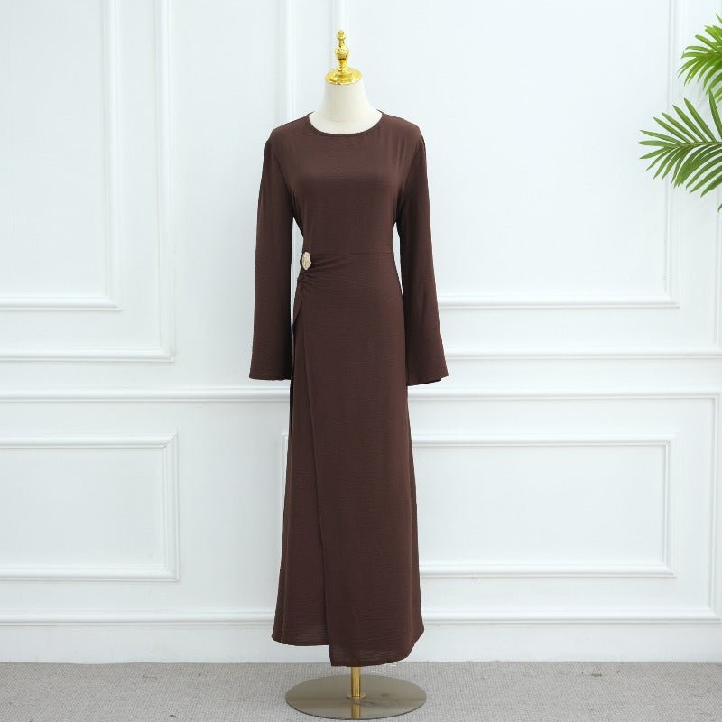 Ice Silk Crinkle Round Neck A - Line Work Dress with Decorative Button & Built - in Belt(MA308) - Mariam's Collection