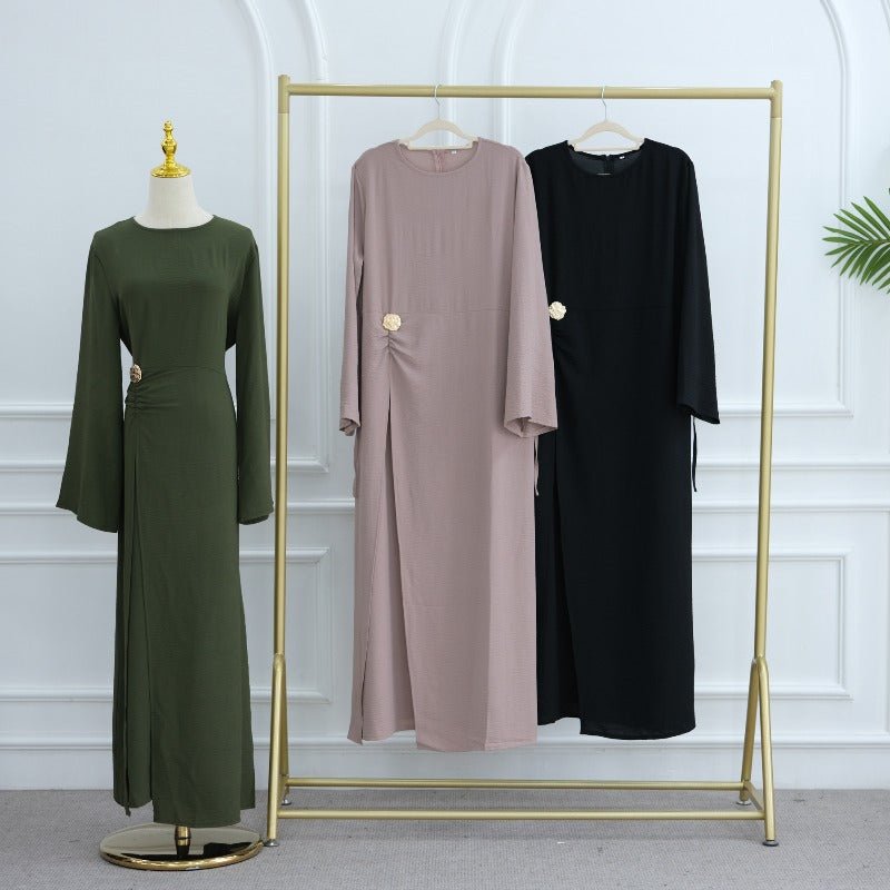 Ice Silk Crinkle Round Neck A - Line Work Dress with Decorative Button & Built - in Belt(MA308) - Mariam's Collection