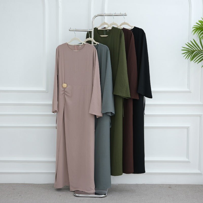 Ice Silk Crinkle Round Neck A - Line Work Dress with Decorative Button & Built - in Belt(MA308) - Mariam's Collection