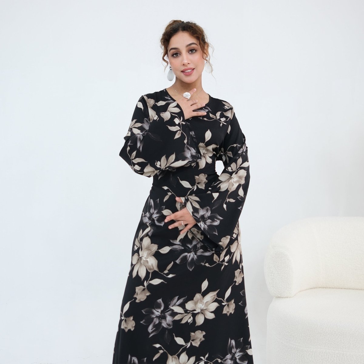 Soft satin sheen and watercolour floral print detail on maxi dress