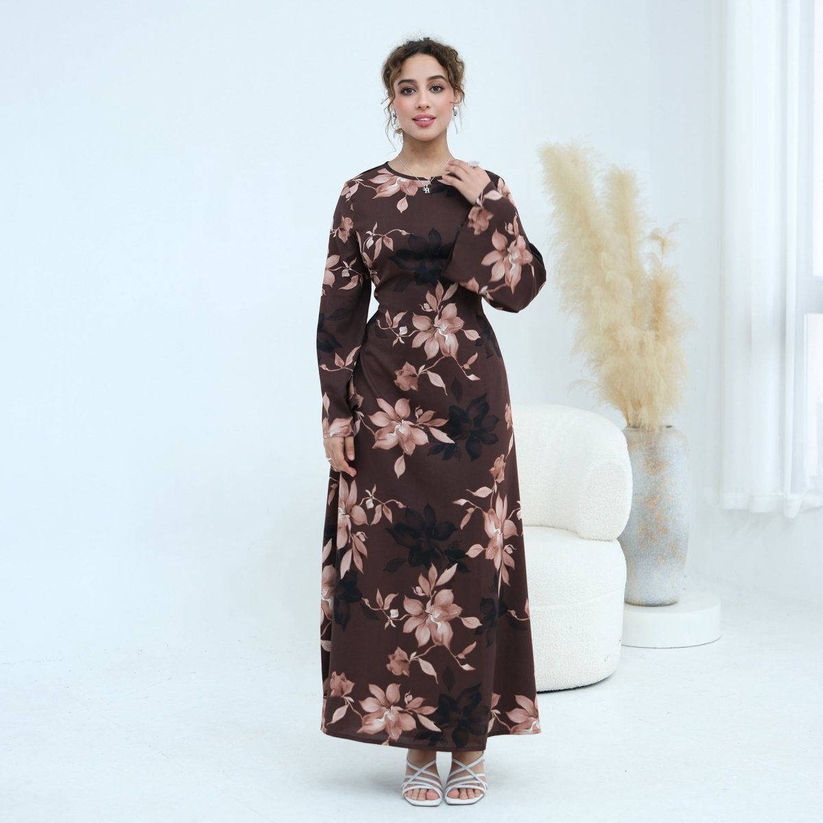 Ink Floral Satin Maxi Dress – Bell Sleeve Satin Abaya
