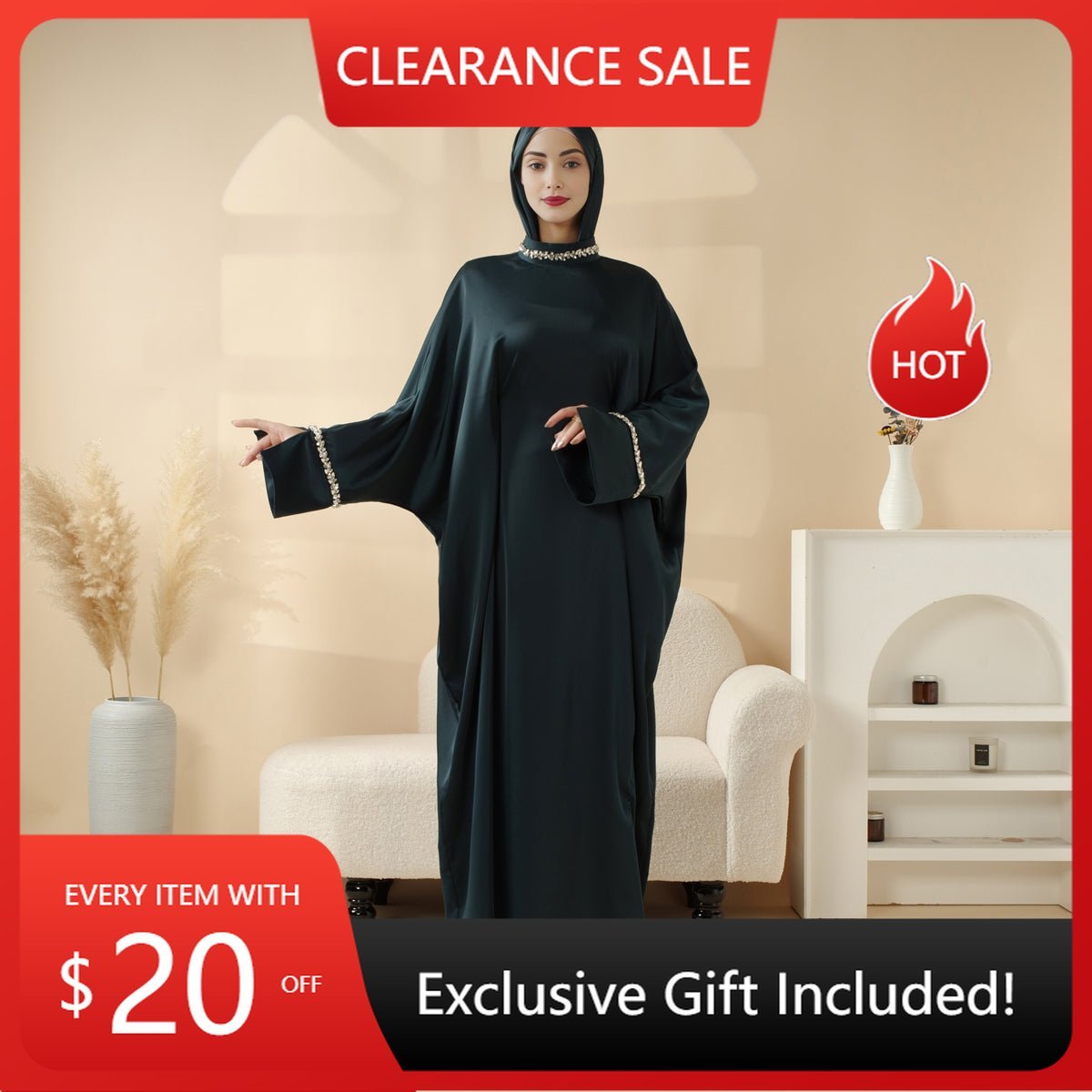 Kaftan Batwing Sleeve Luxury Satin Diamond Abaya 2 - Piece Set (MA121) - Mariam's Collection