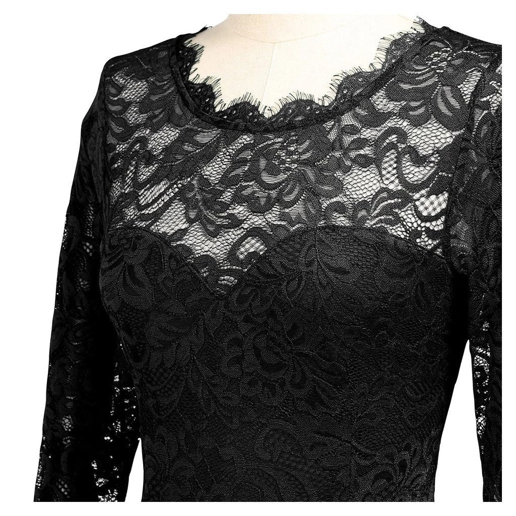 Close-up of sheer floral lace yoke and scalloped neckline