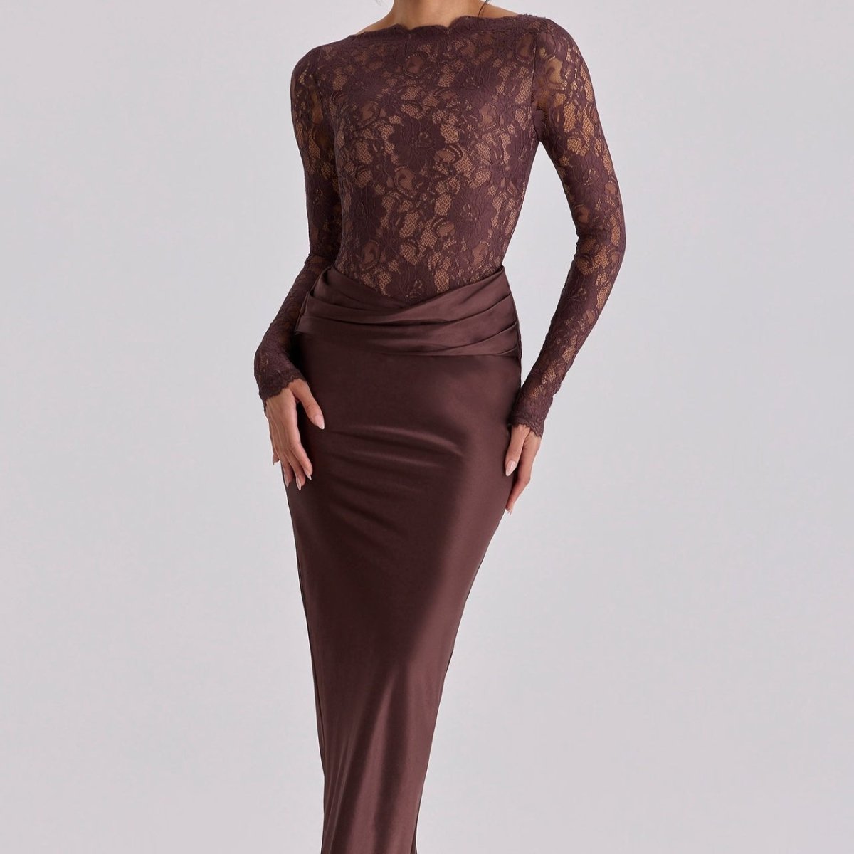 Lace Bodice Satin Ruched Mermaid Maxi Dress(MS415) - Mariam's Collection
