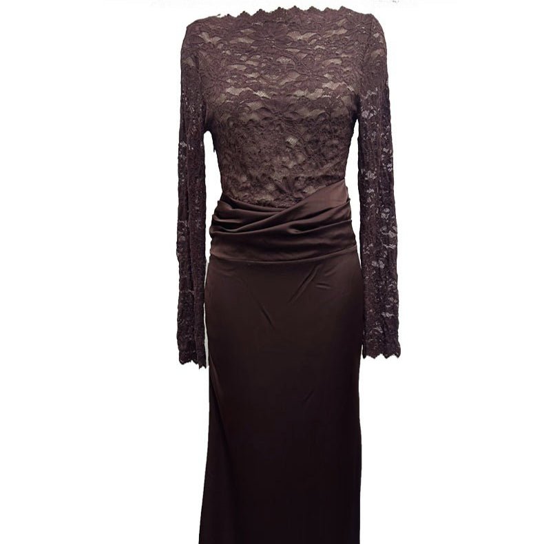 Lace Bodice Satin Ruched Mermaid Maxi Dress(MS415) - Mariam's Collection