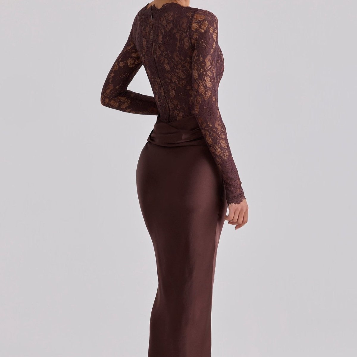 Lace Bodice Satin Ruched Mermaid Maxi Dress(MS415) - Mariam's Collection