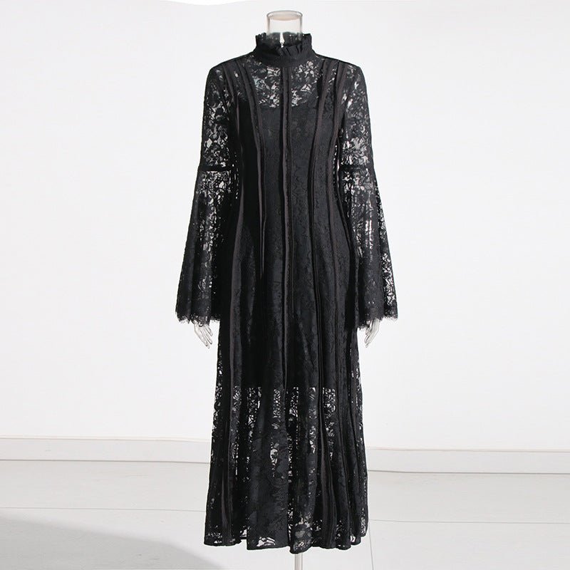 Lace Stand Collar Bell Sleeve Maxi Dress — Romantic Lace Modest Gown