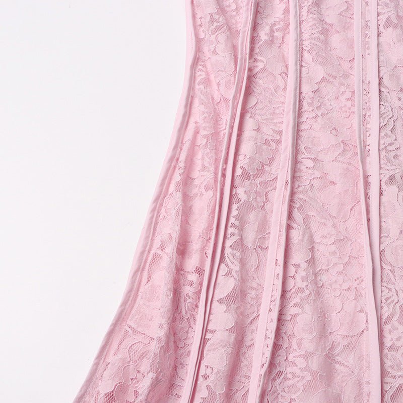 Allover floral lace dress in pink with dramatic sleeve silhouette
