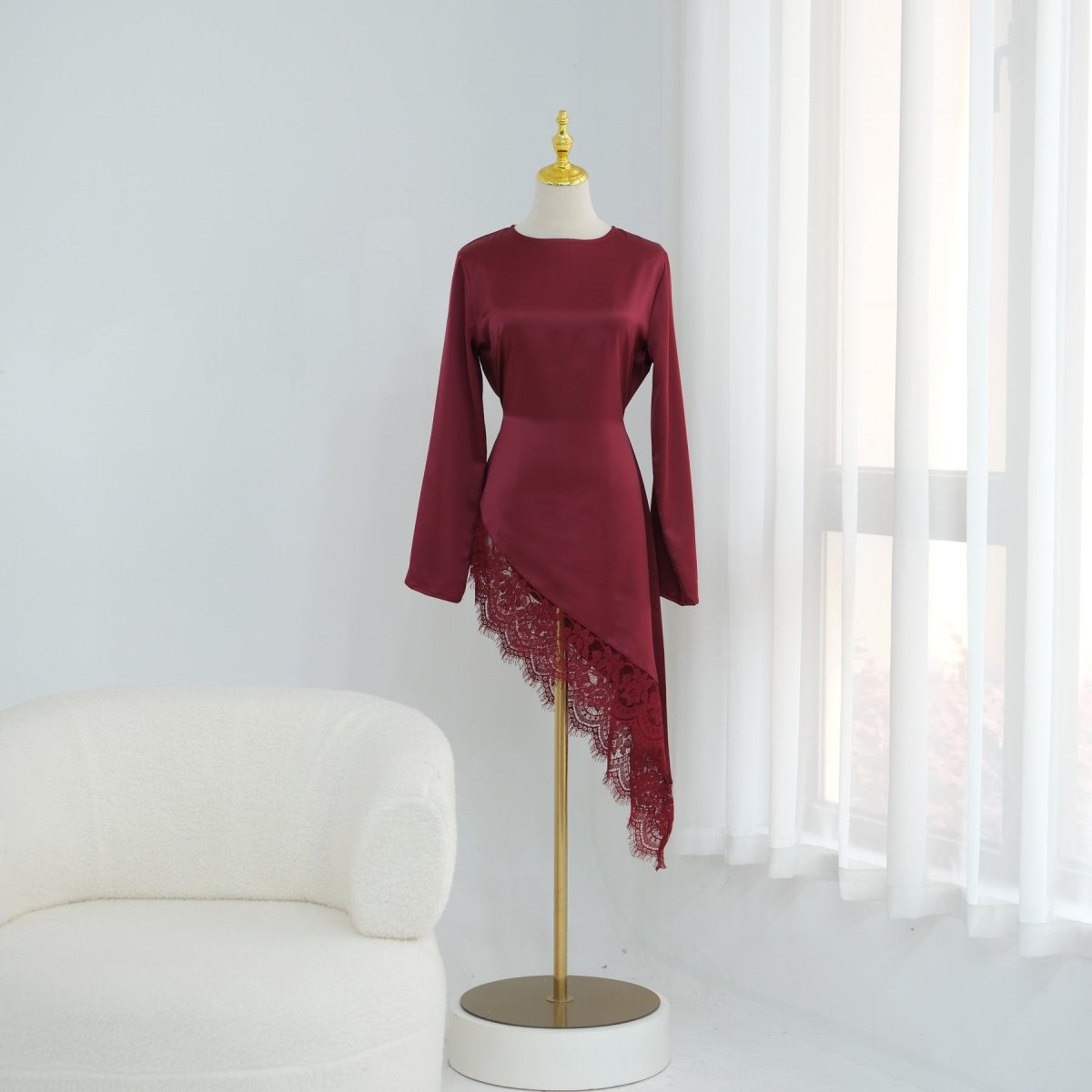 Full back view of chocolate satin top with tonal lace panel