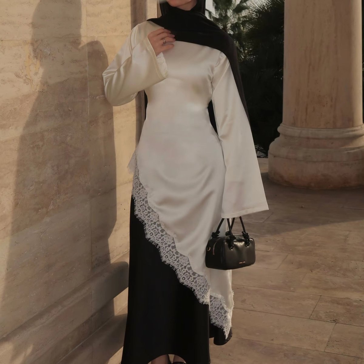 Lace Trim Satin Top – Contrast Panel Bell Sleeve Top