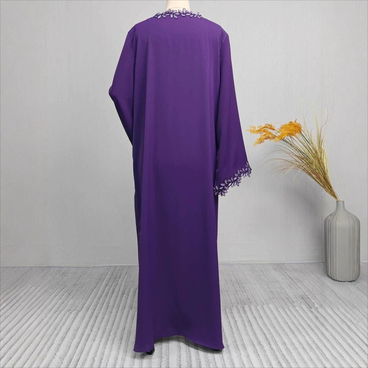 Leaf Lace Trim Abaya | Elegant Embroidered Open - Front Maxi Dress(MOA255) - Mariam's Collection