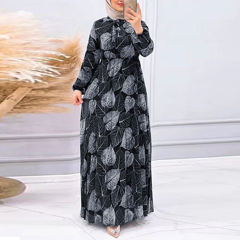 Leaf Print Chiffon Dress with Pleated Skirt