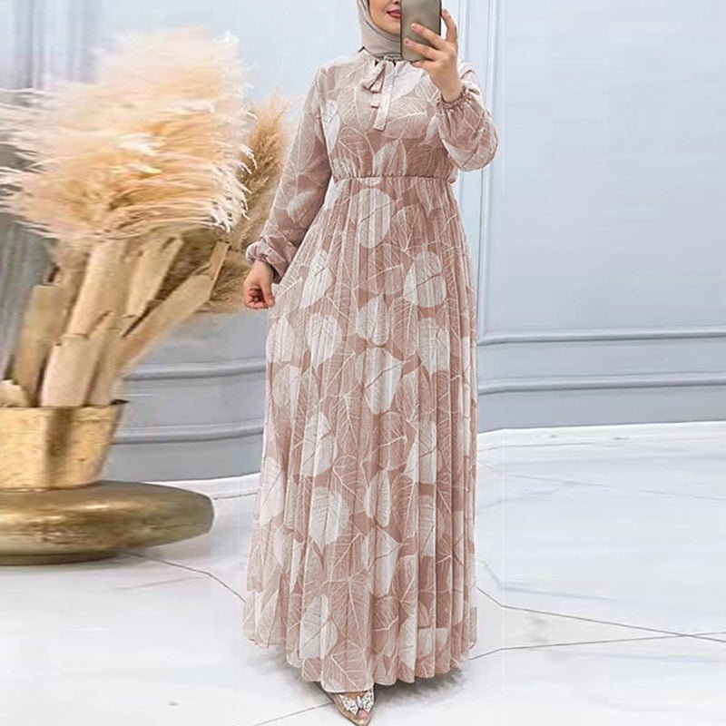 Leaf Print Chiffon Dress with Pleated Skirt(MA405) - Mariam's Collection